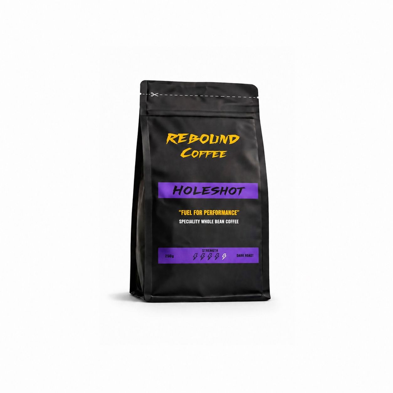 Black coffee bag with 'Rebound Coffee' branding on a white background