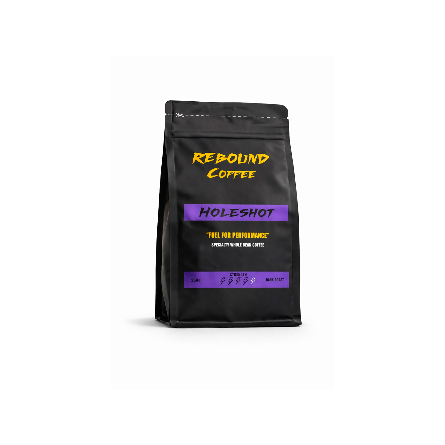 Black coffee bag with 'Rebound Coffee' branding on a white background