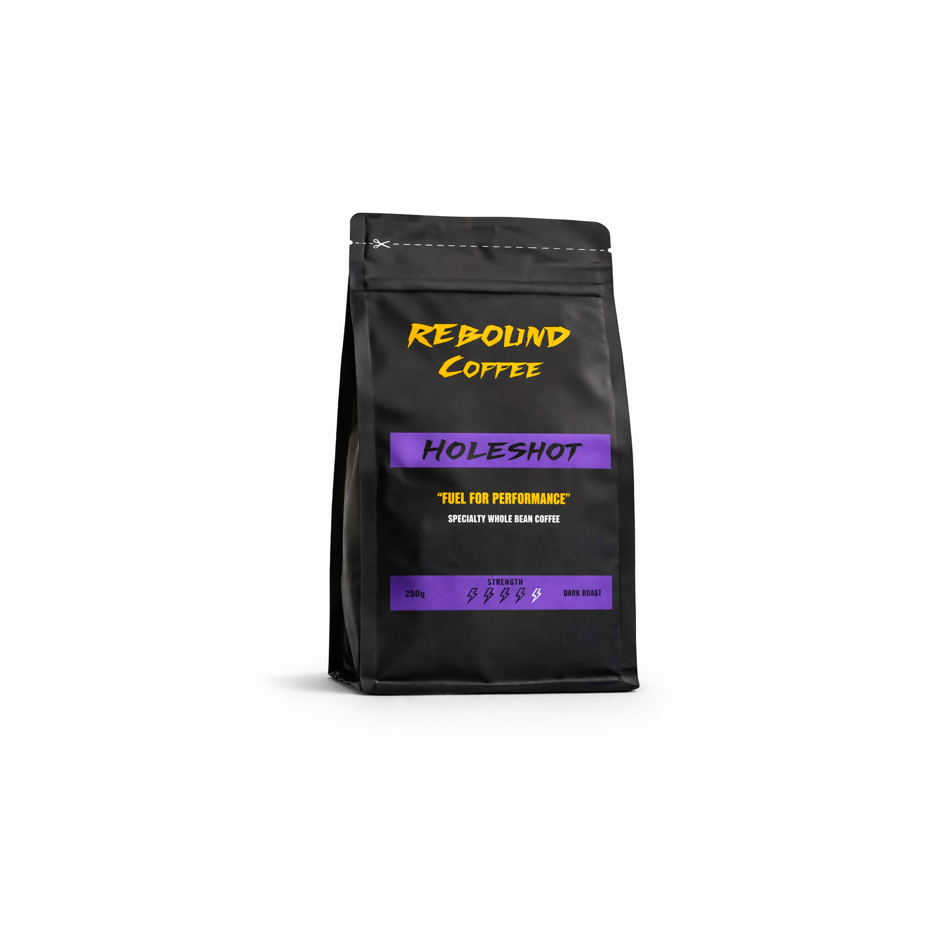 Black coffee bag with 'Rebound Coffee' branding on a white background