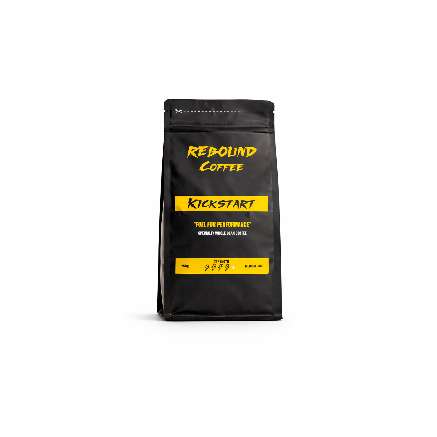 Black Rebound Coffee bag with yellow text on a white background