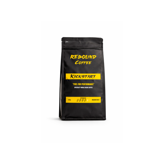 Black Rebound Coffee bag with yellow text on a white background