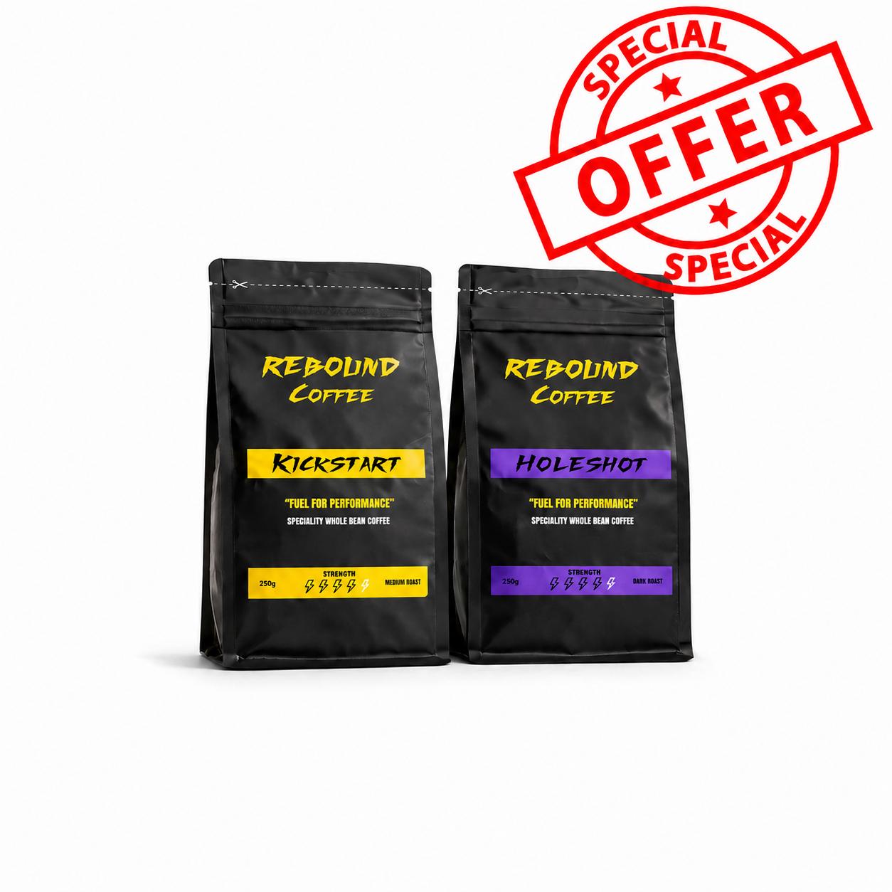 Two black coffee bags labeled 'Rebound Coffee' with a red 'Special Offer' stamp on a white background.